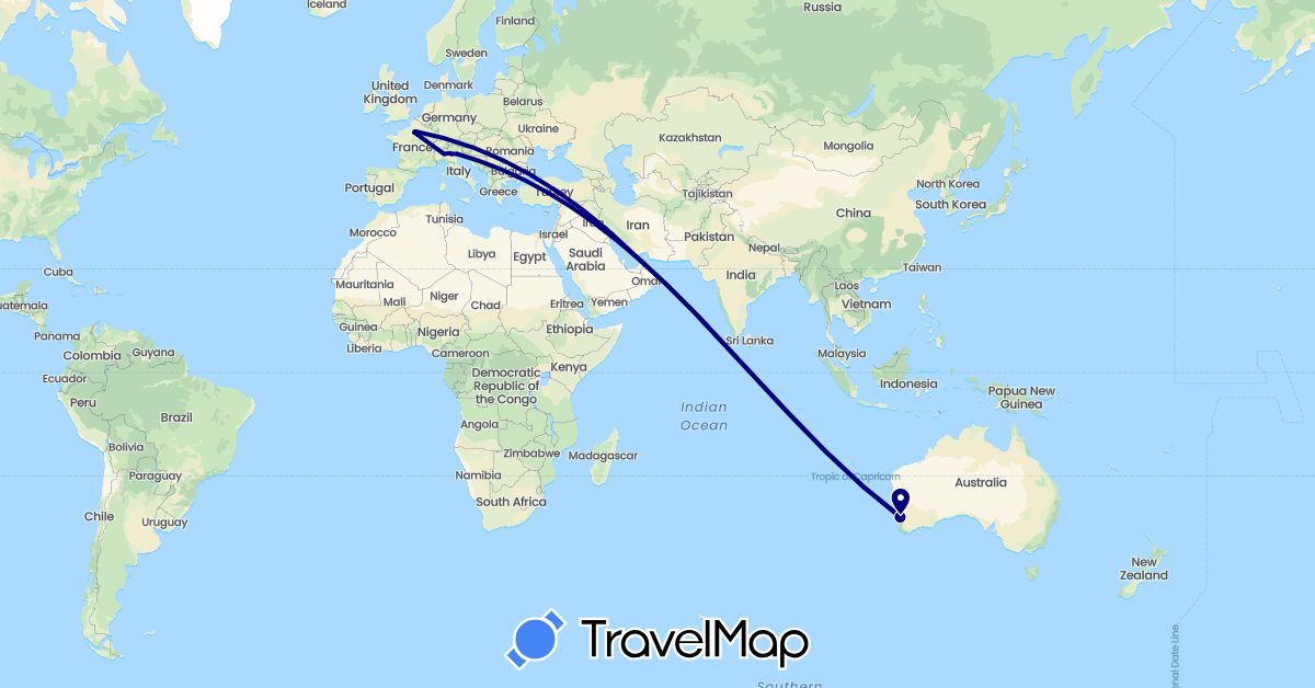 TravelMap itinerary: driving in United Arab Emirates, Australia, France, Italy (Asia, Europe, Oceania)